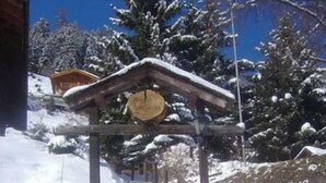 Una escalera de madera que lleva a un chalet con techo nevado.