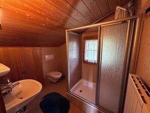 A small bathroom with a wooden ceiling, a sink, a toilet, and a glass-enclosed shower. - Very comfortable chalet for 6 persons: ground floor: living room with chimney - kitchen with dishwas (Grimentz)