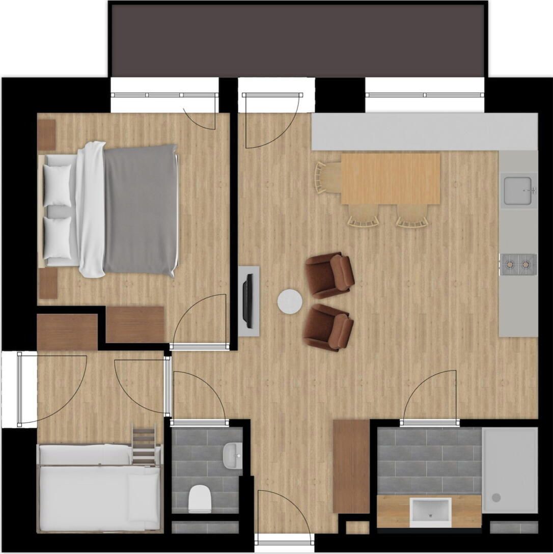 A hotel room layout with a bed, seating area, kitchenette, and bathroom.