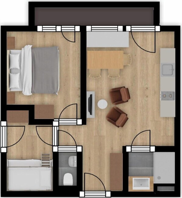 A hotel room layout with a bed, seating area, kitchenette, and bathroom. - Dormio Aparthotel Hinterstoder (Hinterstoder)