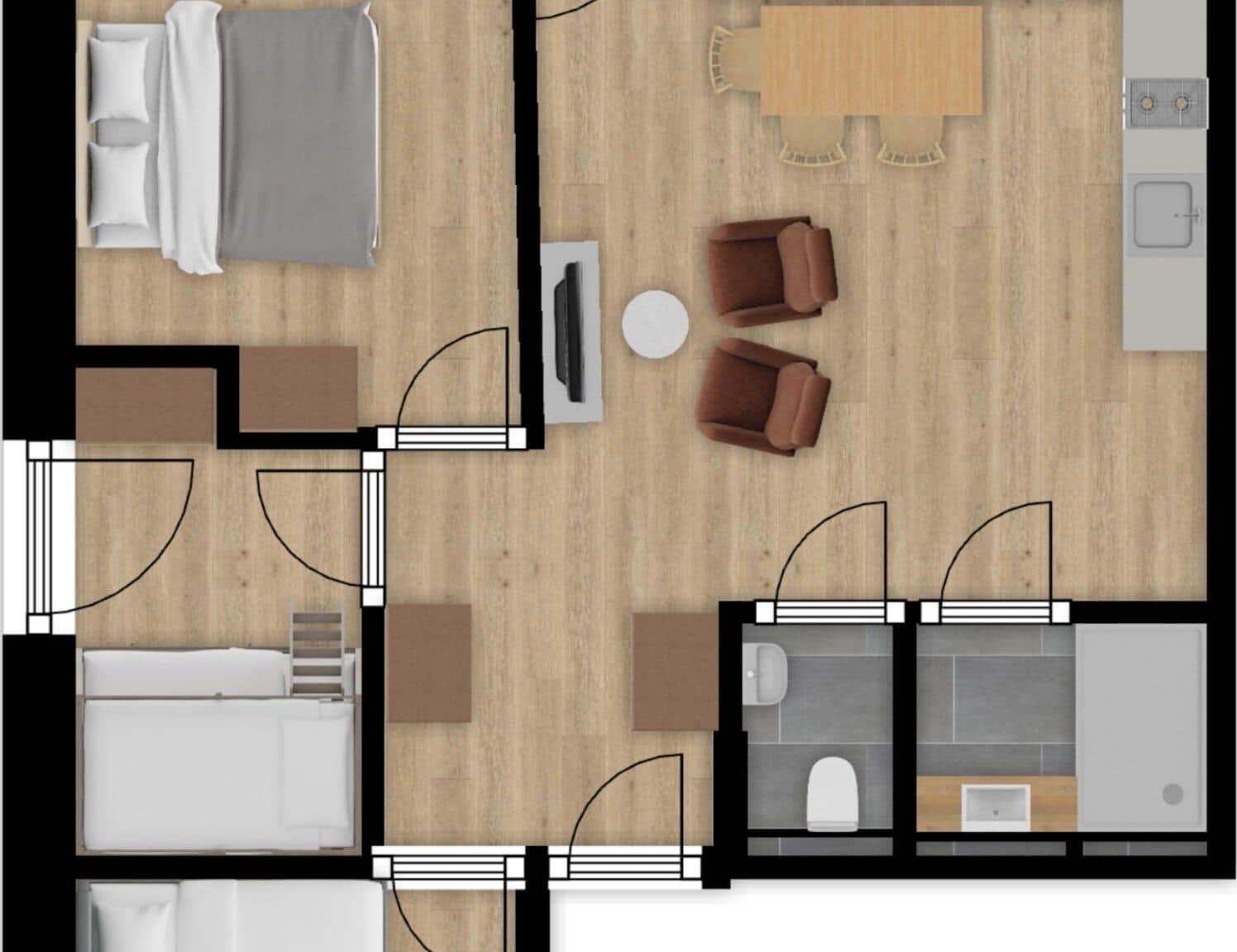 Disposição de quarto de hotel com cama, duas cadeiras, uma mesa pequena, televisão e banheiro.