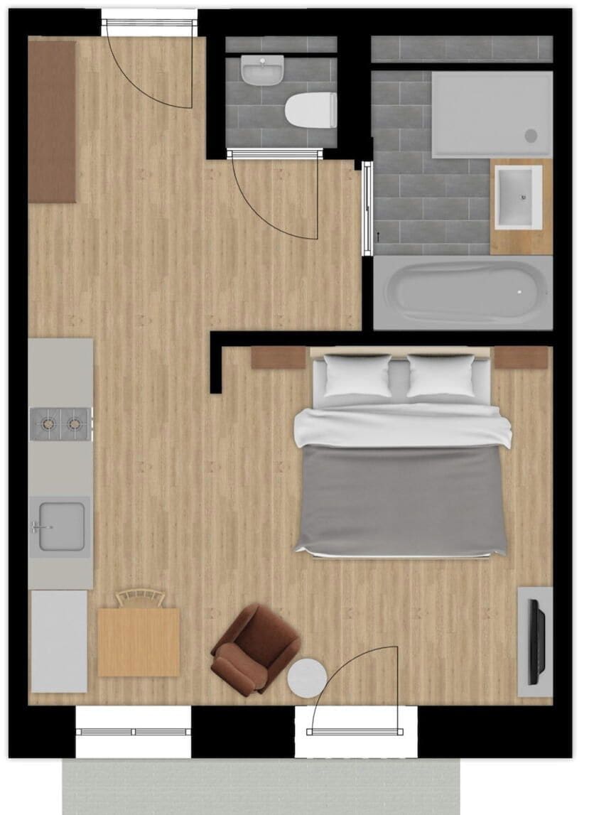 Distribución de una habitación de hotel con cama, zona de estar, kitchenette y baño.