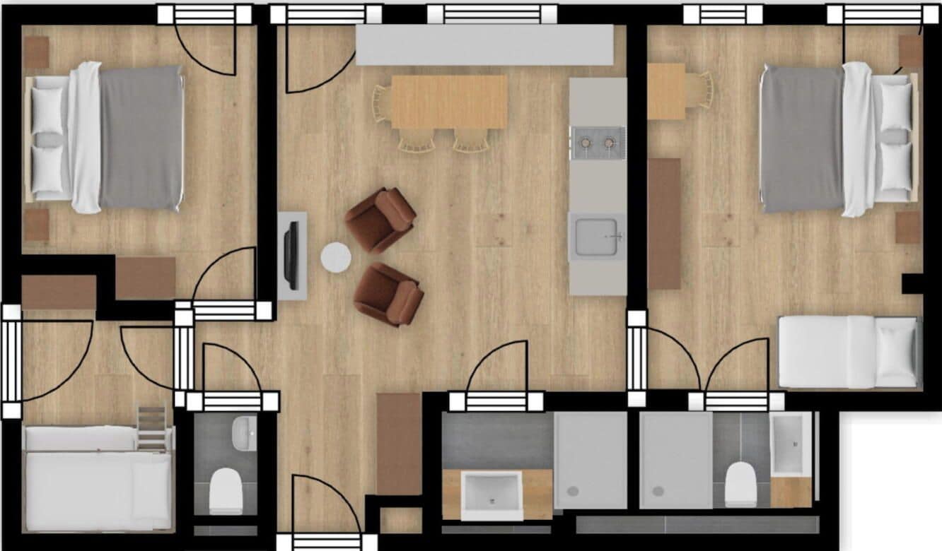 A hotel layout with two bedrooms, a living area, a dining area, a kitchen, and a bathroom.