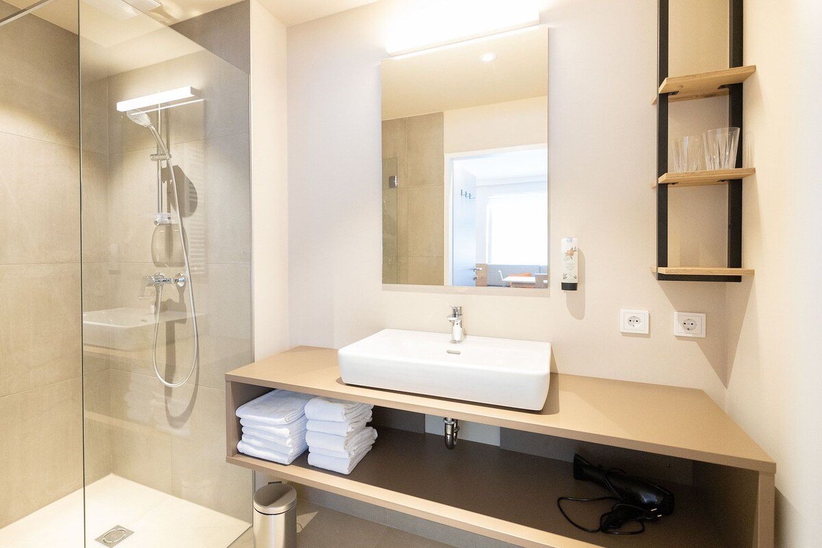 A modern bathroom with a glass-enclosed shower, a white sink, and a mirror above it.