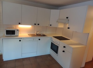 Fridge, microwave, oven, stovetop - Comfortable 3-room apartment for 5 persons : Living room with wood stove - kitchen with dishwasher, (Grimentz)