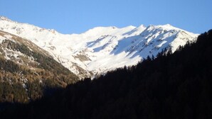 A mountain landscape with snow-covered peaks and a forested valley. - 2-room apartment for 4 persons : Living room with 2 sofa-beds - 1 room with 2 beds - kitchen with fi (Grimentz)