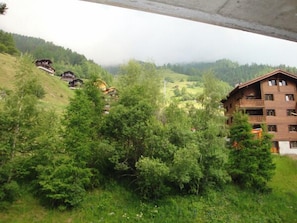 Eine Berghütte mit mehreren Stockwerken, umgeben von dichtem Wald und Hügeln.