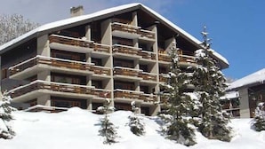 Ein mehrstöckiges Hotel mit Balkonen, umgeben von schneebedeckten Bäumen.