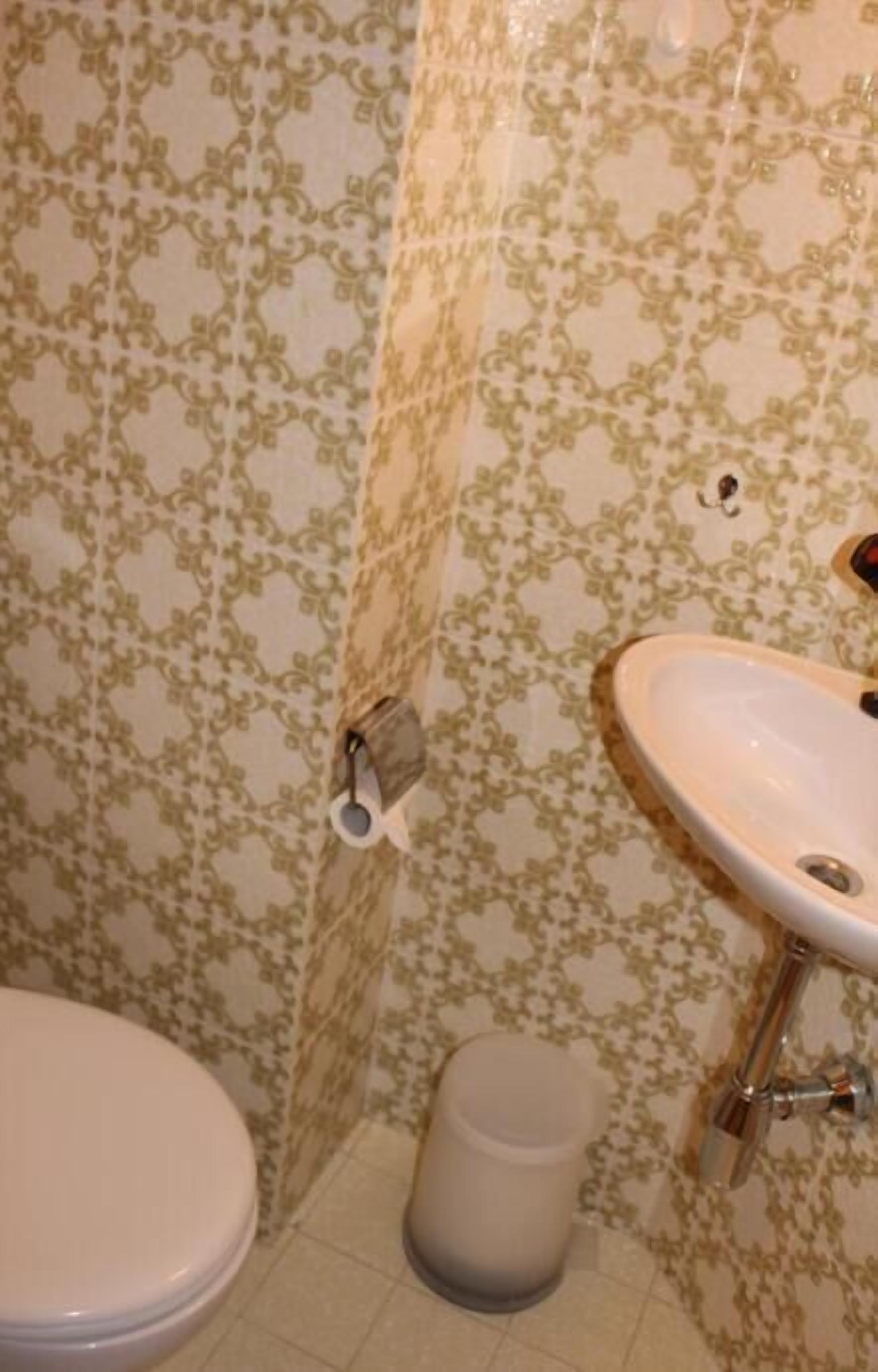 Un baño con papel tapiz estampado, un inodoro, un lavamanos y un cubo de basura.