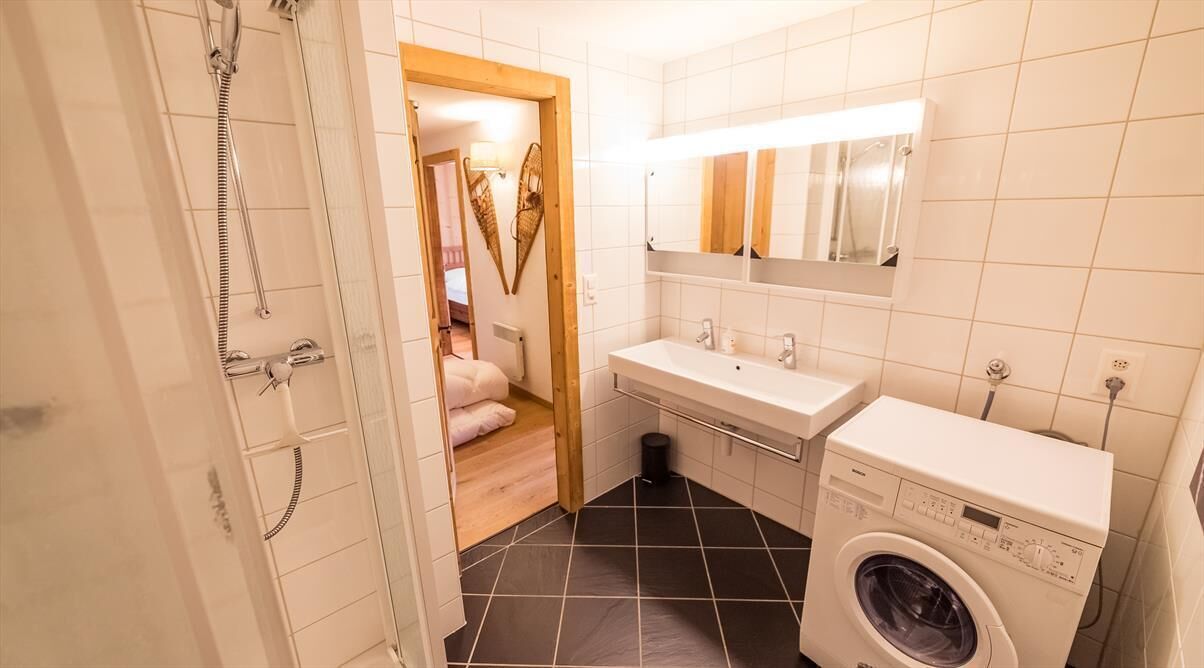 A bathroom with a shower, sink, and washing machine.