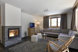 TV, fireplace, DVD player - Very comfortable 4 room apartment for 6 persons : Living room with fire-place - kitchen with dishwas (Grimentz)