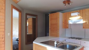 A compact kitchen with wooden cabinets, a sink, and a stove. - 2 room apartment for 2-4 persons : Living room with sofa-bed and 1 pull-down bed - kitchen with dish (Grimentz)