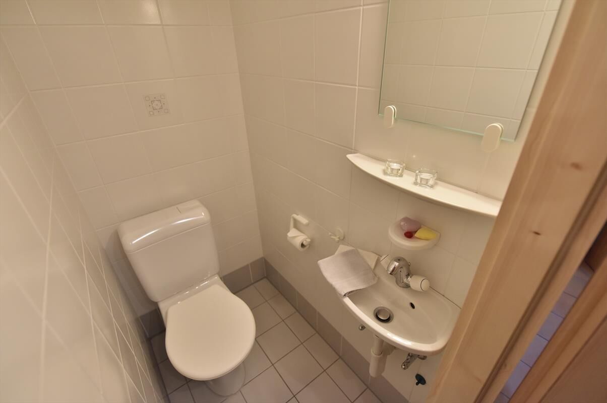 A small, clean bathroom with a toilet, sink, and mirror.