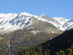 Eine Berglandschaft mit schneebedeckten Gipfeln und einem bewaldeten Tal.