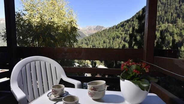 Un balcon avec une table, deux chaises et un pot de fleurs.