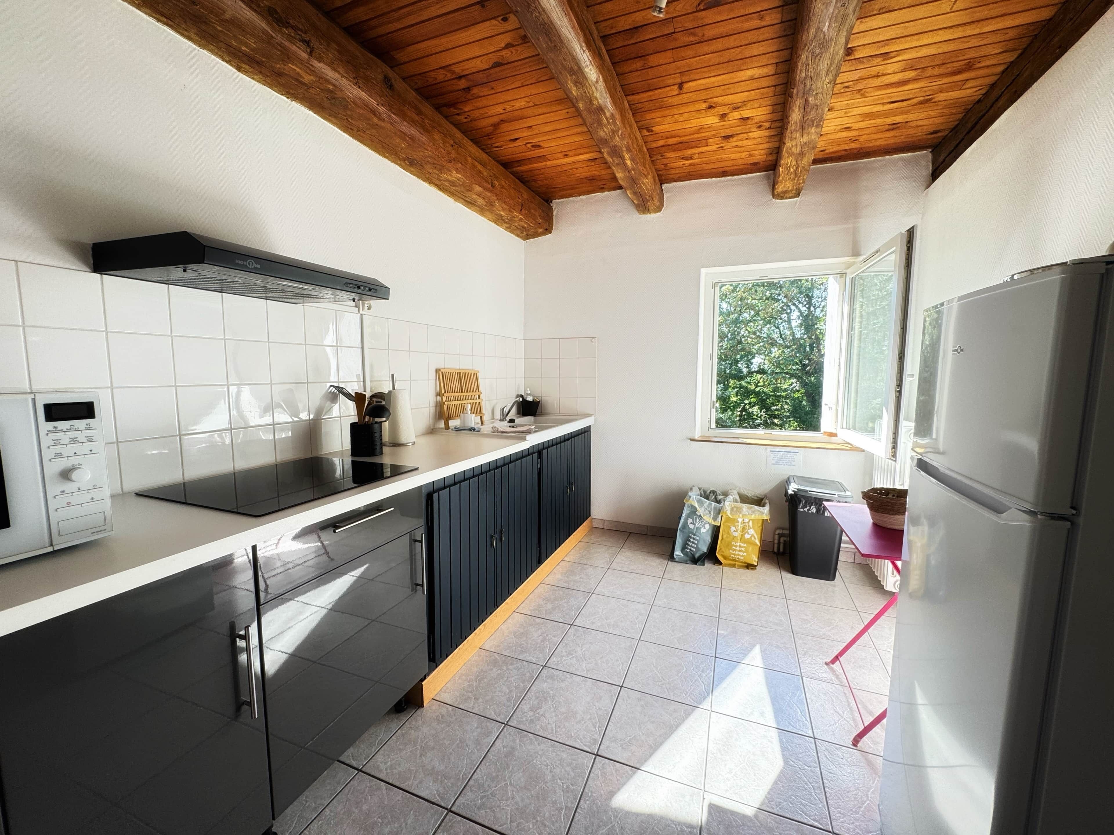 Fridge, microwave, toaster, cookware/dishes/utensils