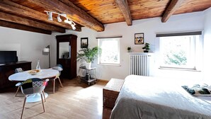 A cozy room with a wooden ceiling, a bed, a table with chairs, a TV, and a radiator.
