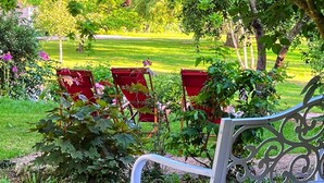 A garden with a bench and two red chairs, surrounded by lush greenery and a lawn.