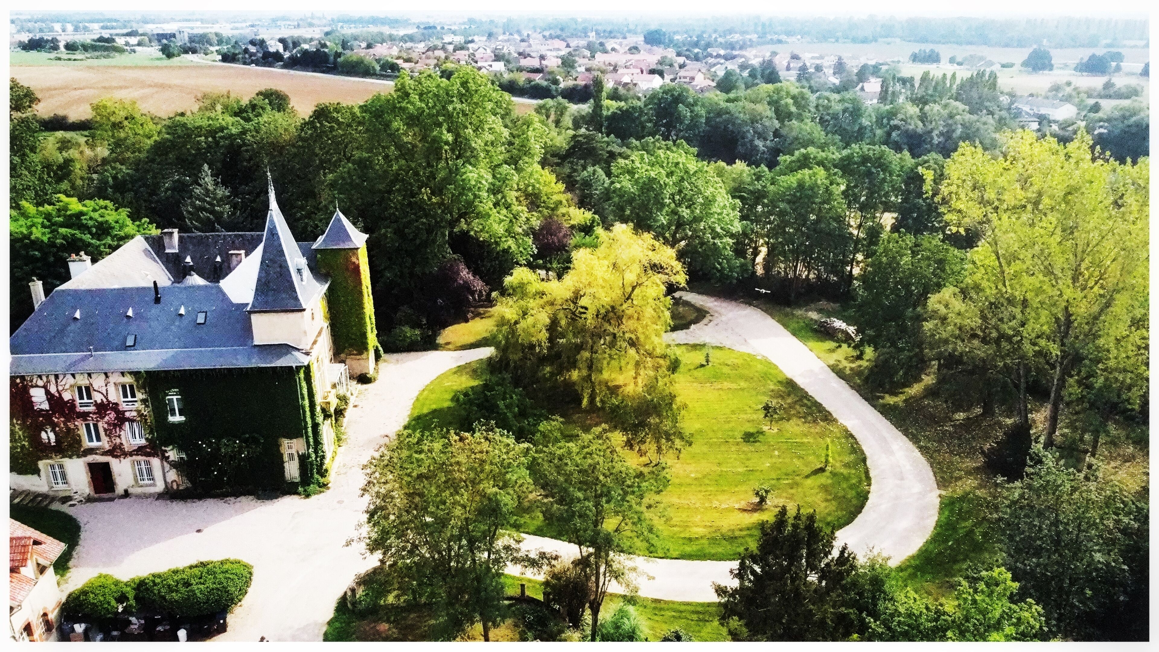 Una grande proprietà con un prato centrale, un viale tortuoso e un edificio con diverse torri.