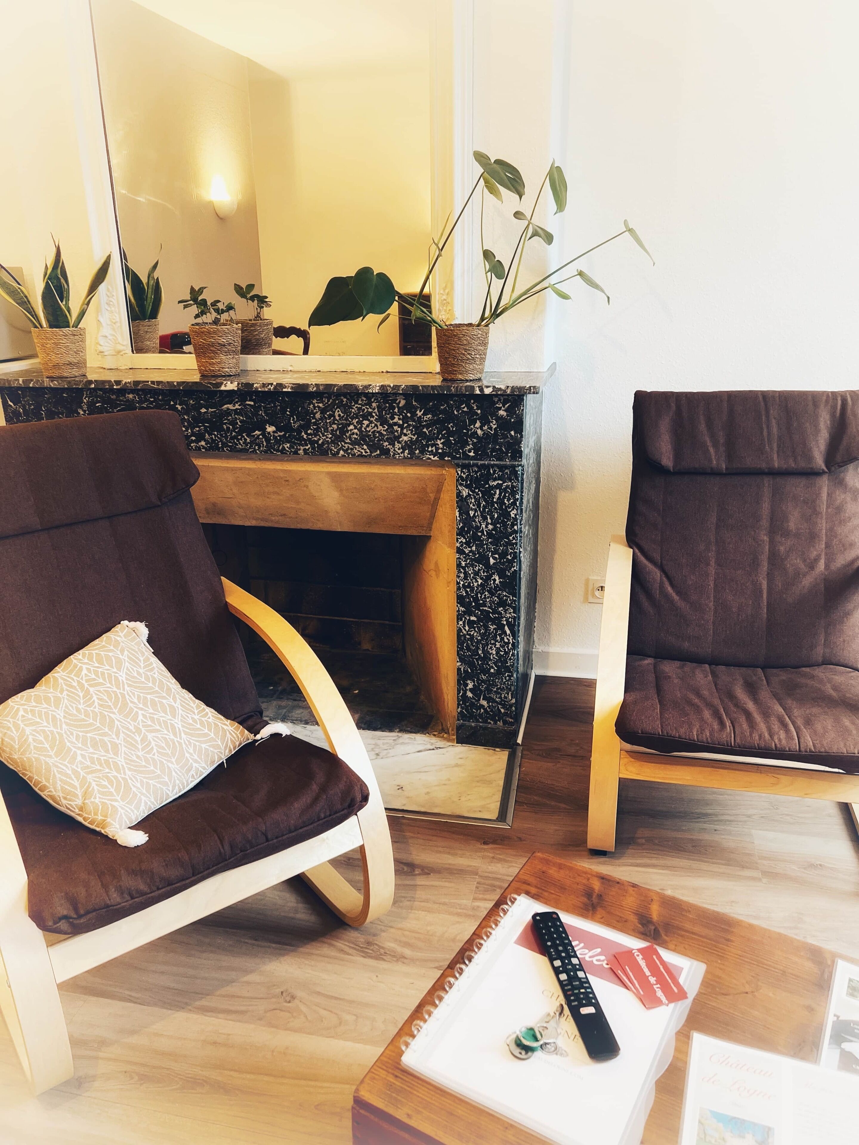 Ein Wohnzimmer mit Kamin, zwei braune Sessel, einem Couchtisch mit Buch und Fernbedienung sowie mehreren Blumentöpfen auf einer Marmorsäule rund um den Kamin.