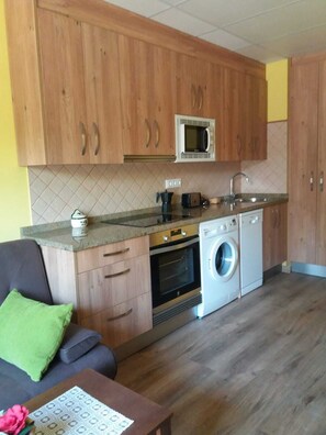 Een microgolfoven, een oven, een kookplaat, een vaatwasser