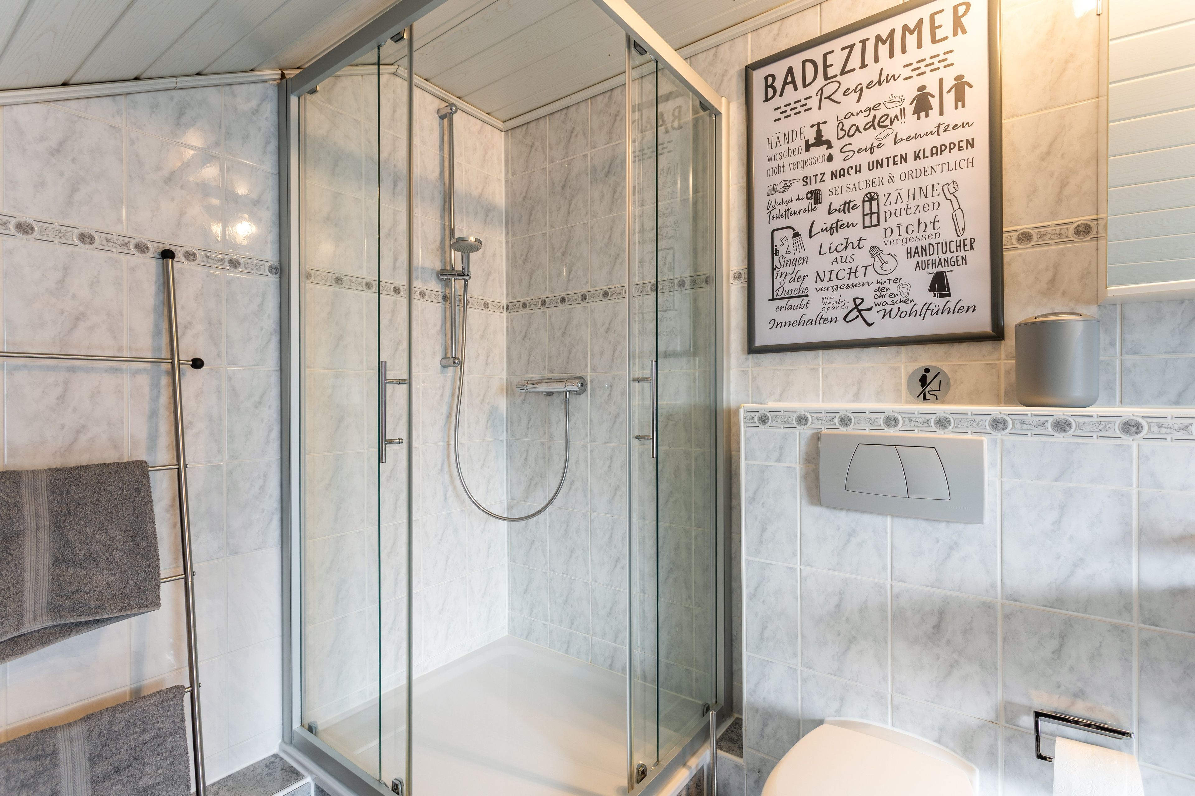A modern bathroom with a glass-enclosed shower, a toilet, and a sink.