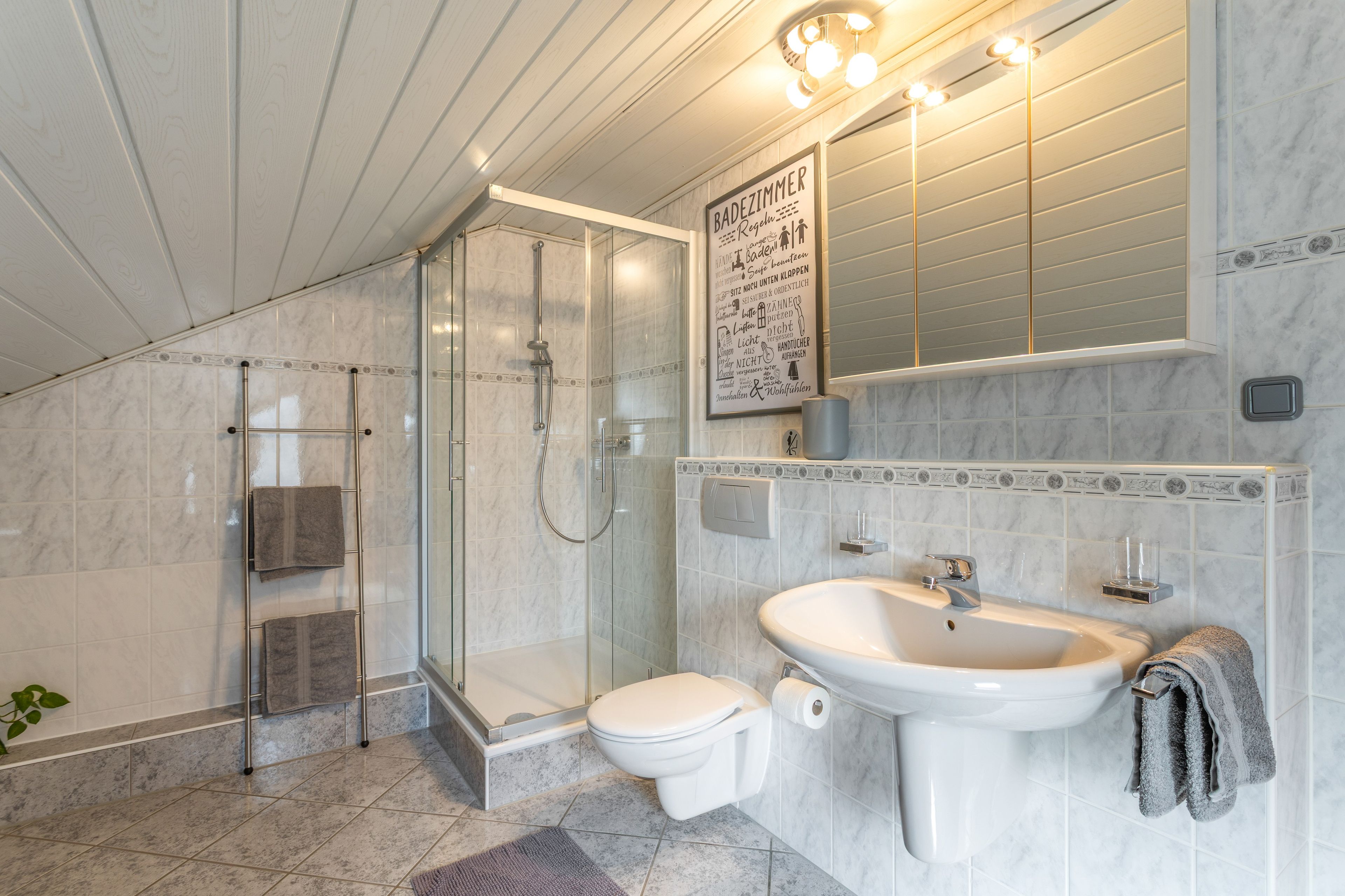 Ein modernes Badezimmer mit Glasdusche, Waschbecken und Toilette.