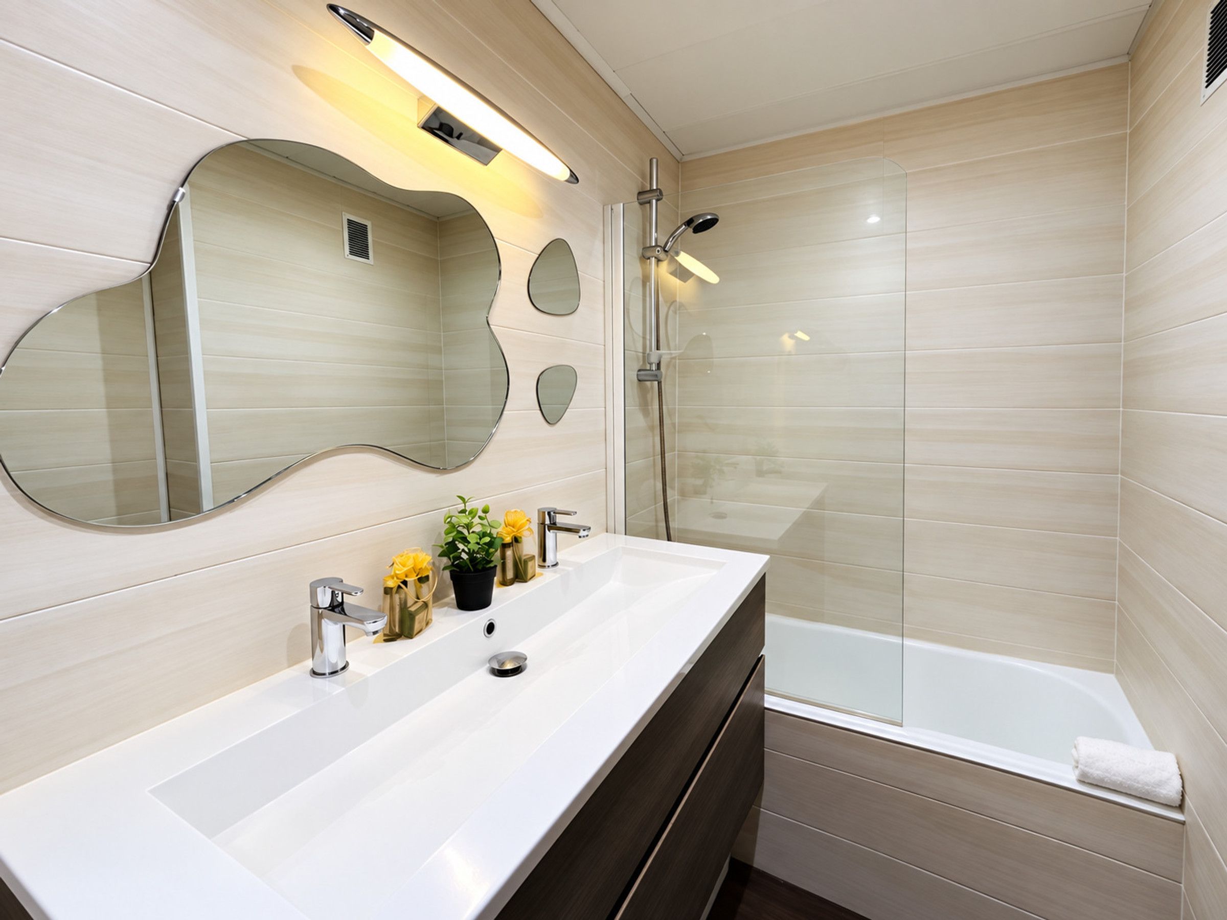Ein modernes Badezimmer mit großem Spiegel, Waschbecken, Dusche und Badewanne.