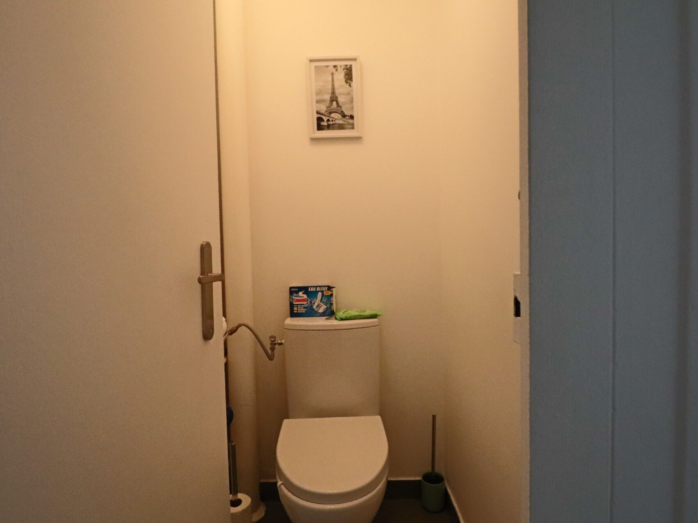 A small, narrow bathroom with a toilet, a roll of toilet paper, a plunger, and a box of toilet paper on the wall.