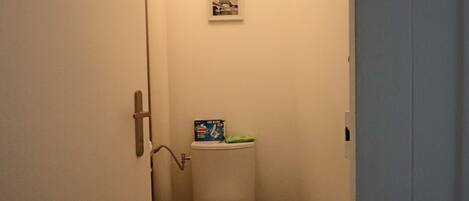 A small, narrow bathroom with a toilet, a roll of toilet paper, a plunger, and a box of toilet paper on the wall.