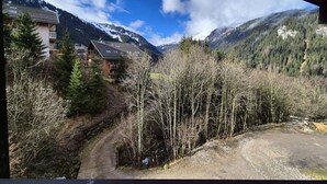 Une cabane de montagne avec un sentier de terre menant à une terrasse en bois, entourée d’arbres et de montagnes.