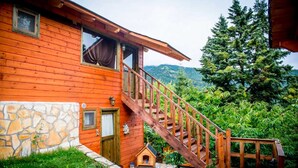 Una cabaña de madera con pared de piedra, una escalera de madera y vistas a una montaña boscosa.