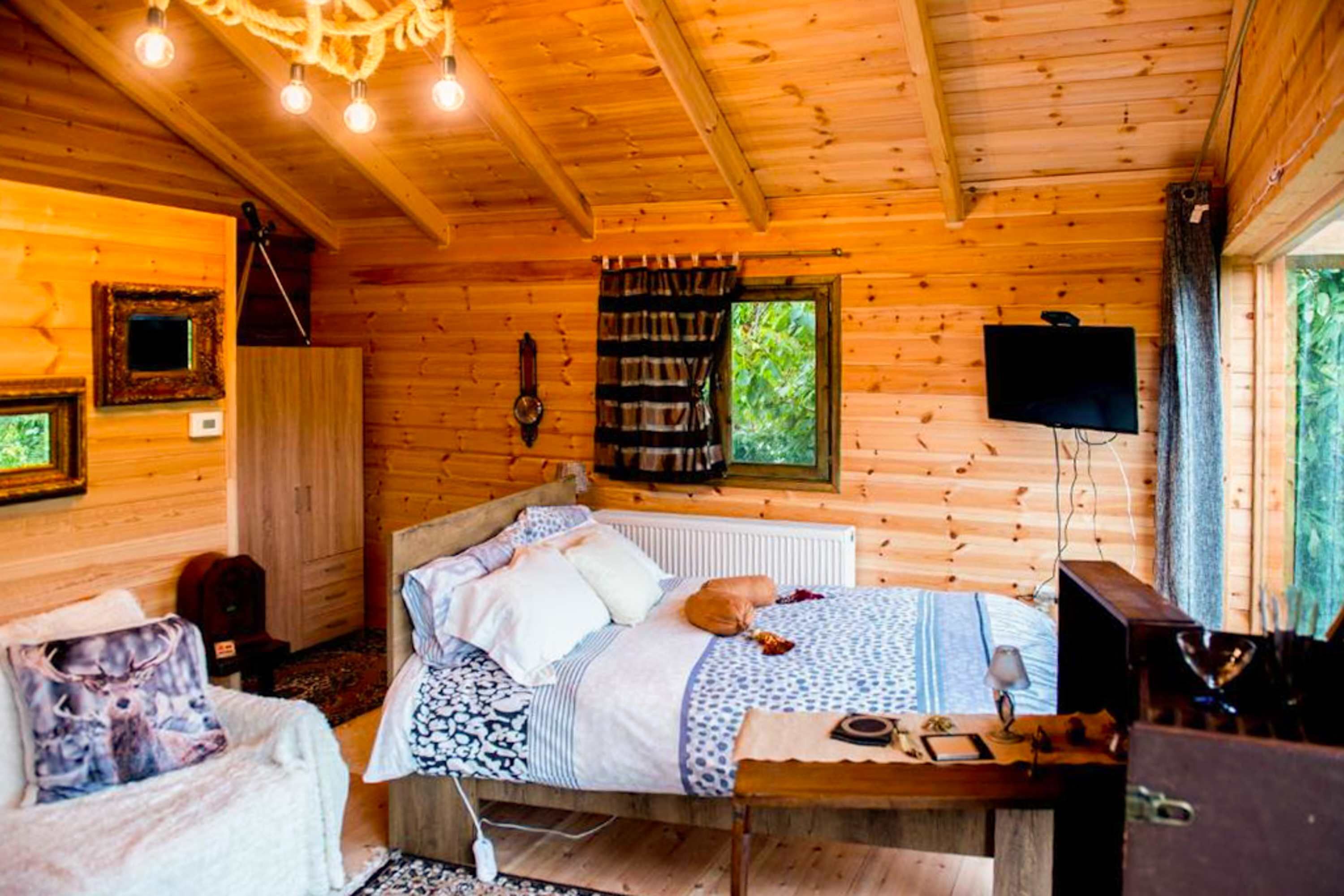 A cozy wooden cabin room with a bed, a desk, and a television.