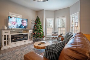 Smart TV, fireplace, books
