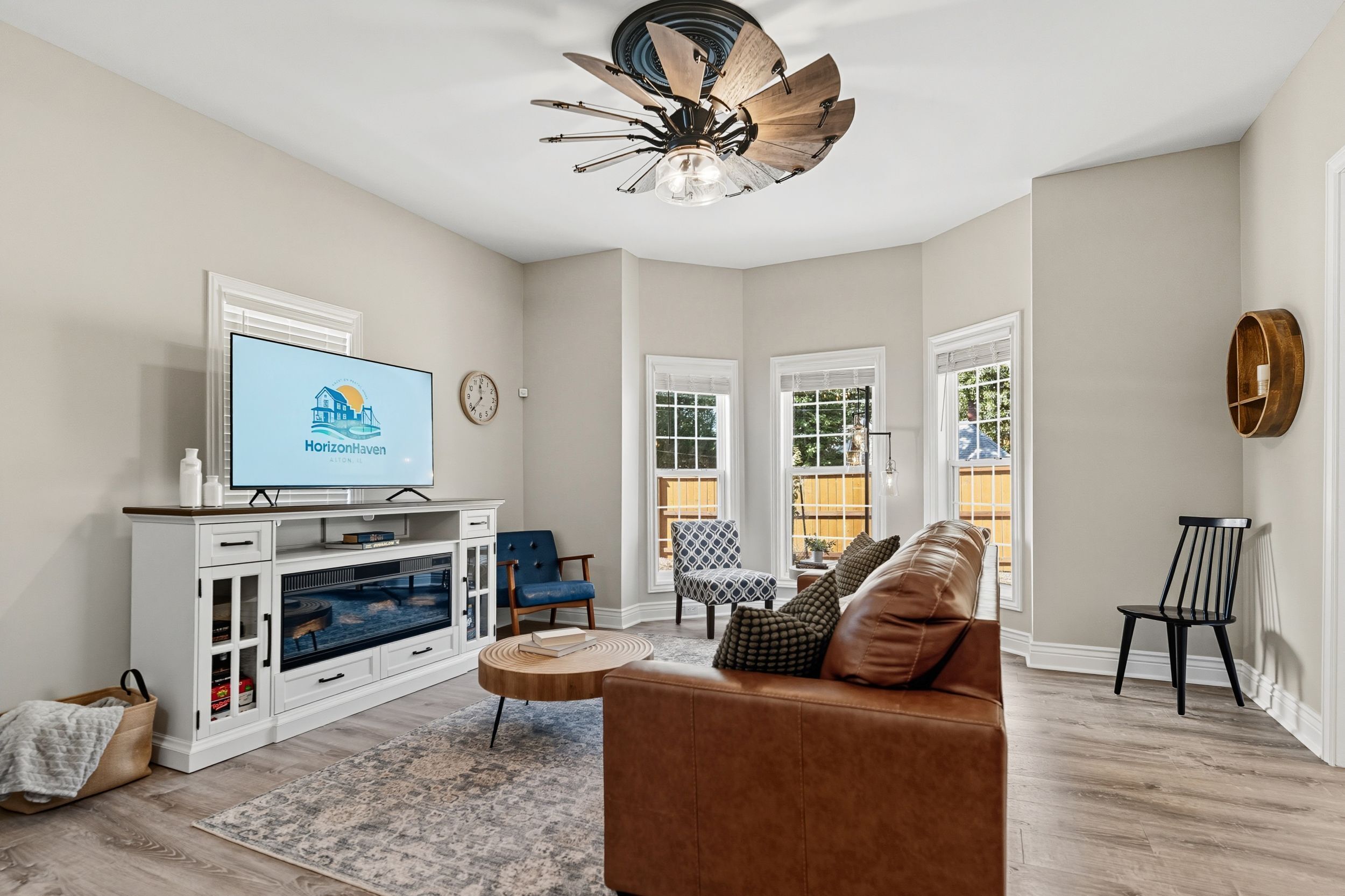 Smart TV, fireplace, books