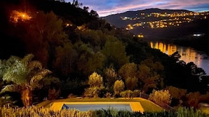 A nighttime view of a lakeside property with a swimming pool, surrounded by trees and hills. - Villa in the Douro - Quinta de Pias. Perfect for families! (Espadanedo)