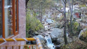 A view of a rocky stream with a waterfall, surrounded by trees and vegetation. - Elysian heights (Manali)