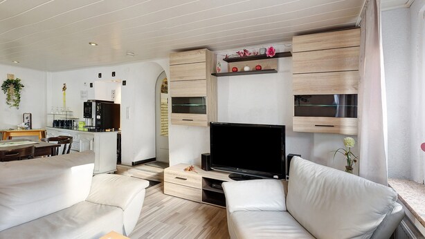 A modern living room with a sofa, TV, and built-in kitchen area. - Room '5_Double Room No. 5' with Wi-Fi (Neuenrade)
