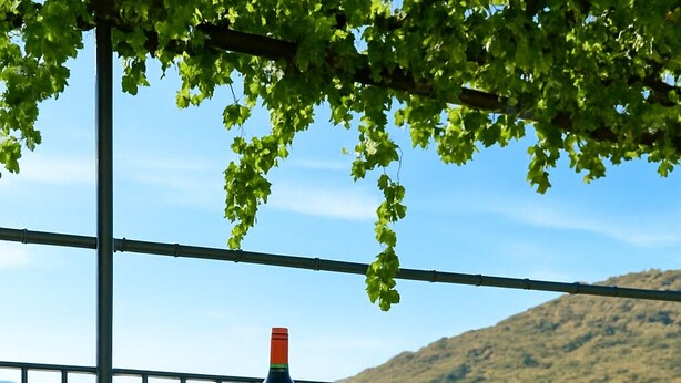 A wooden table with a bottle of wine and two glasses, set on a balcony with a view of hills. - Country house in the Sierra Nevada- Almería. Nature, hiking and relaxation (Abrucena)