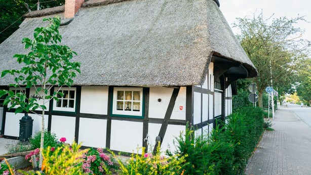 A traditional thatched-roof house with a white and black exterior, a visible window, and a brick chimney.