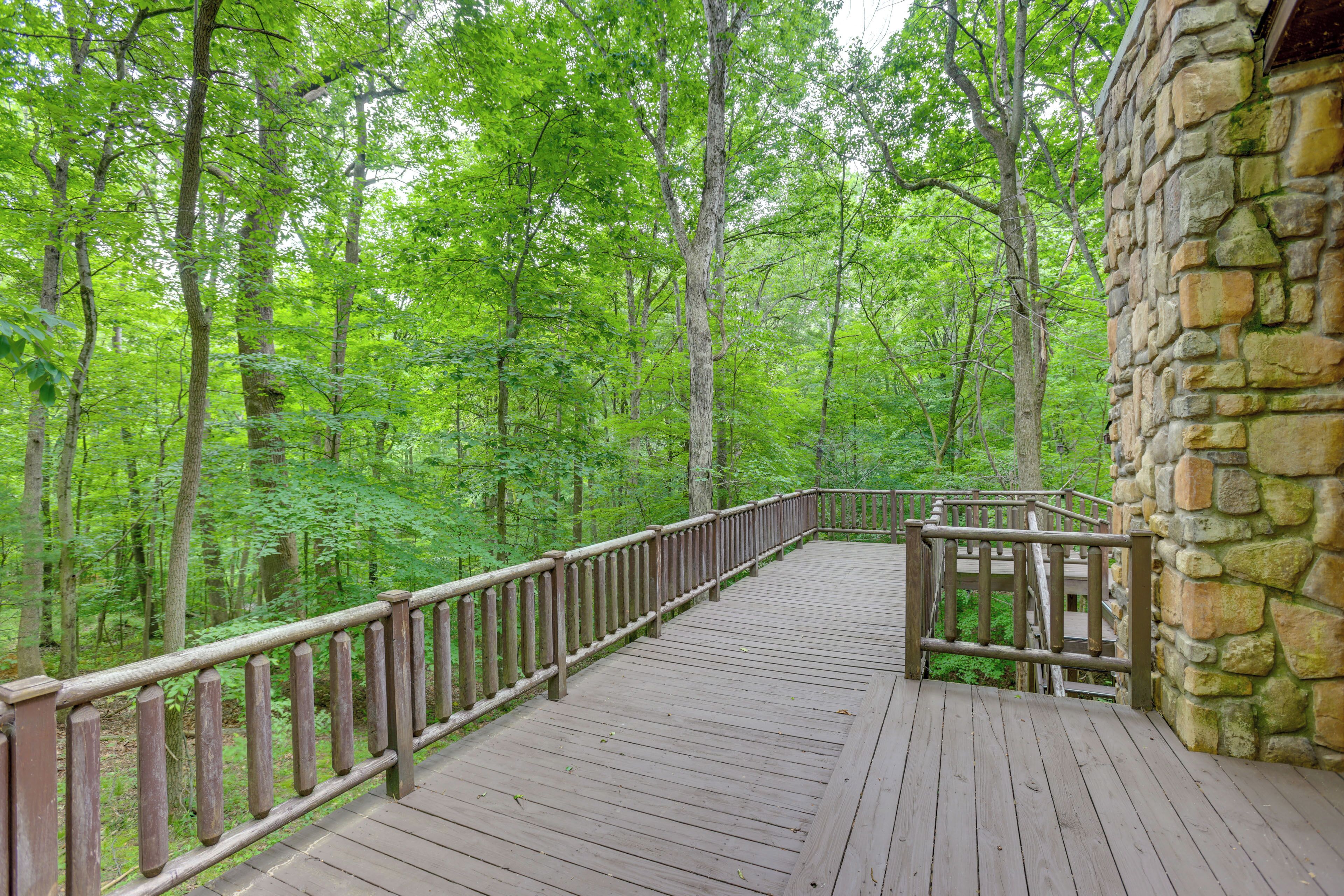 Une terrasse en bois avec un mur en pierre, entourée d’une forêt.