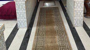 Un couloir aux murs ornés de motifs, un canapé bleu, un coussin rouge, un tapis décoratif et un miroir dans lequel se reflète une personne.