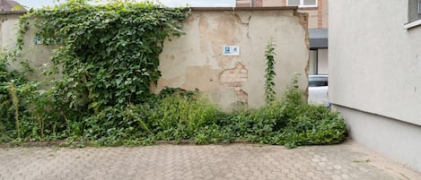 Un área pavimentada con un muro cubierto de vegetación, un cartel de estacionamiento y un edificio con una ventana.