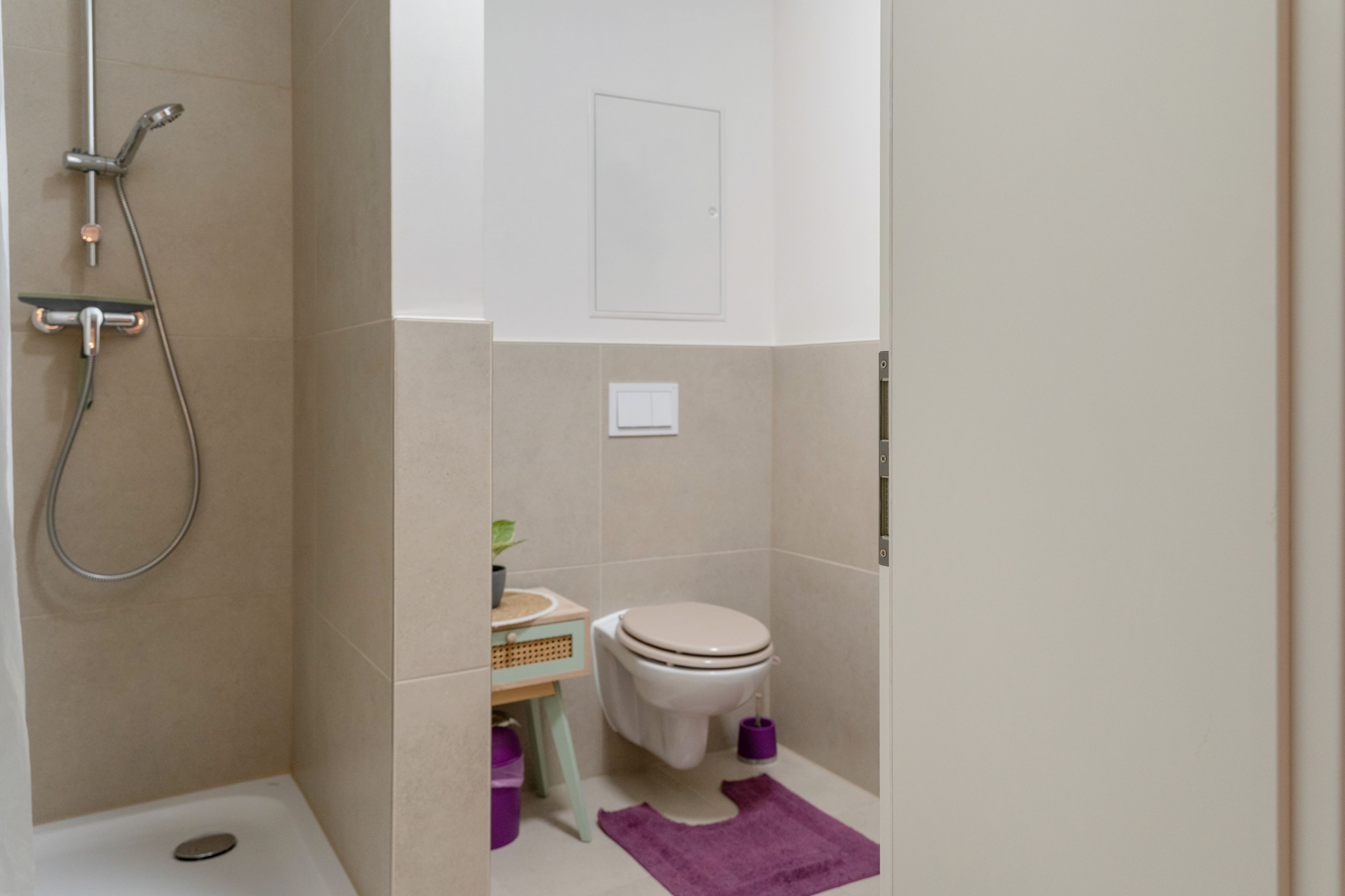 Ein Badezimmer mit Dusche, Toilette und einem kleinen Tisch mit einer Pflanze.