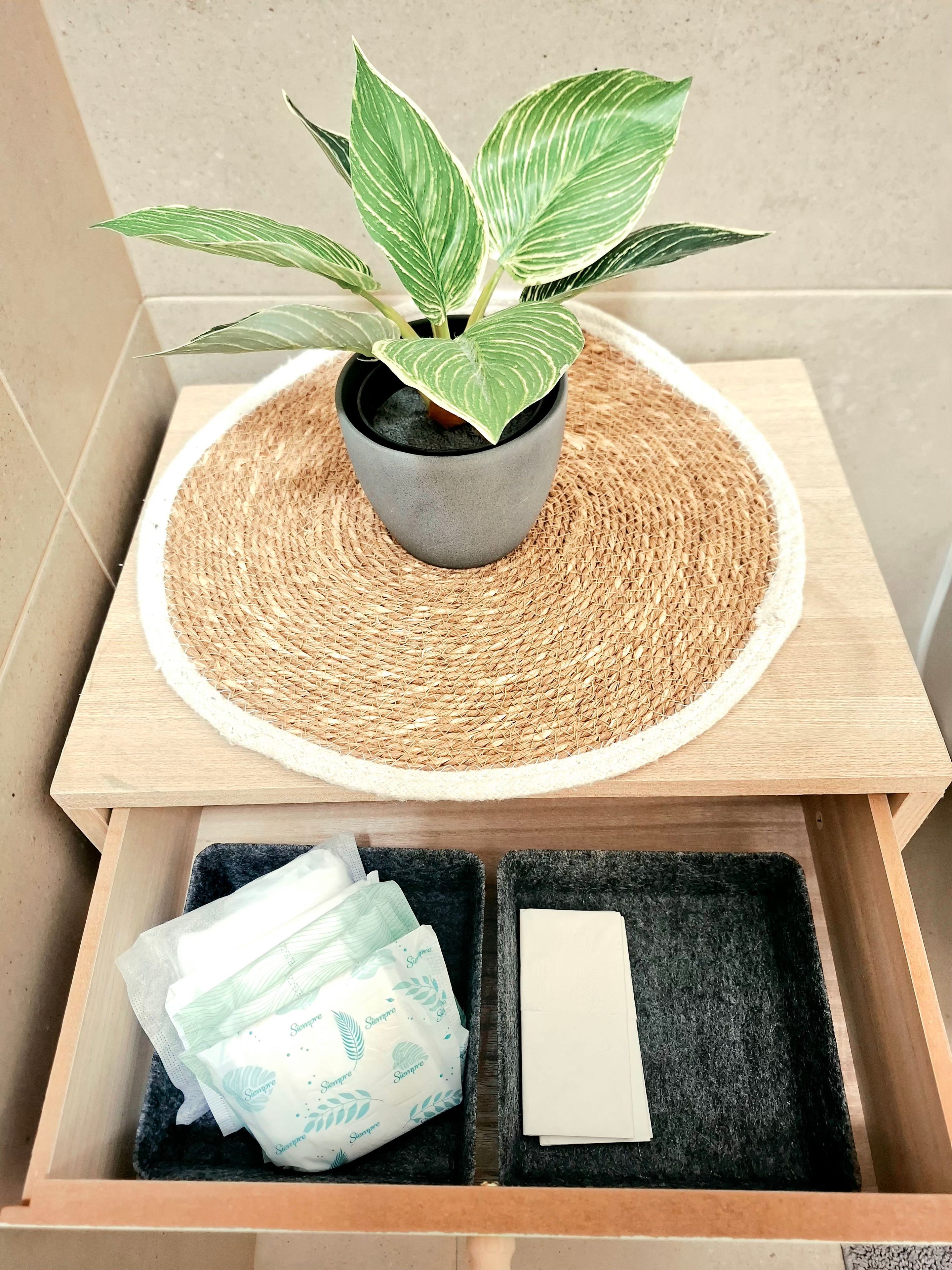 Een potplant op een geweven matje bovenop een houten tafel. Daaronder bevindt zich een lade met een zakdoos en een stapel zakdoekjes.