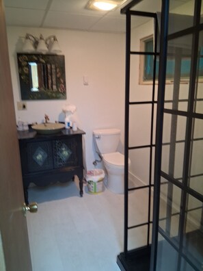 A bathroom with a sink, toilet, and a cabinet. - Tranquil 3-bedroom bungalow with AC in Moultonborough. On the lake. (Moultonborough)