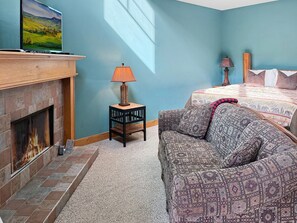 Ein Zimmer mit Kamin, einer Couch, einem Bett und einem Fernseher an der Wand.