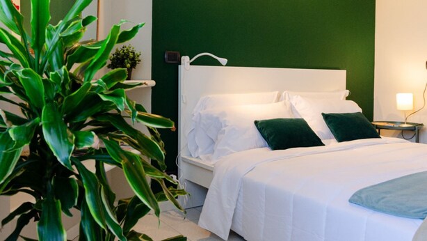 A neatly made bed with white linens and green pillows, a bedside table with a lamp, and a large green plant in the foreground. - VivimiHome | Cozy Design Flat - San Siro (Milano)