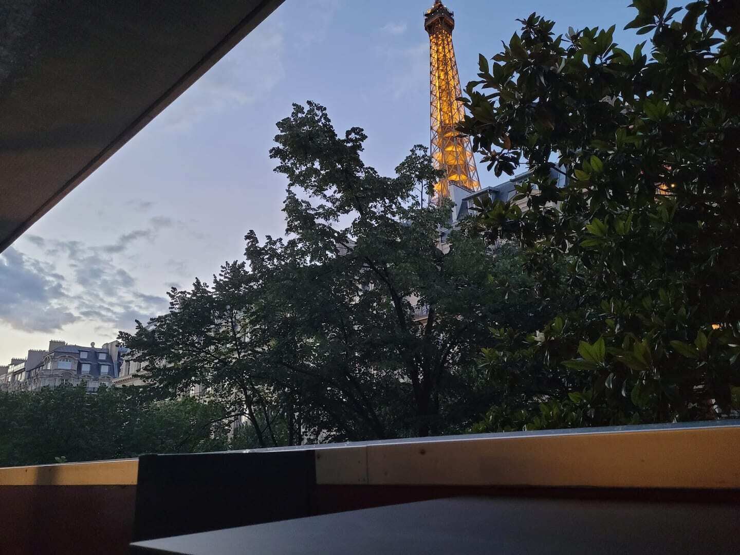 A view of the Eiffel Tower from a covered area with trees in the foreground.