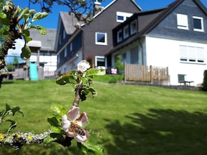 A residential area with a house featuring a sloped roof, a fenced yard, and a clear sky.